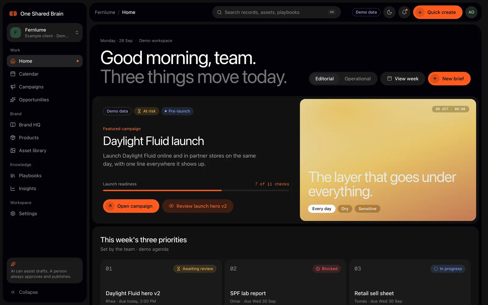 One Shared Brain demo workspace for Fernlume, a fictional example brand
