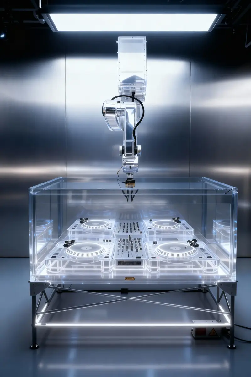 LIV Las Vegas monthly campaign still, a glass console under a robot arm